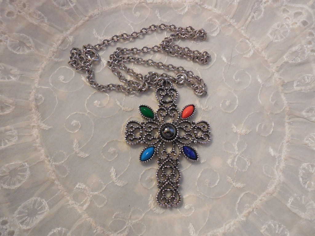 Extroidenary Silver Tone Filigree Cross Pendant Designer Signed "Avon"