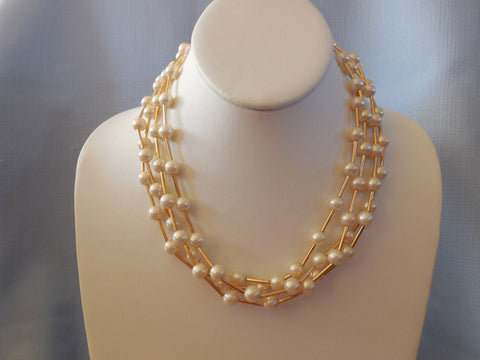 Lovely Avon Multi Strand Necklace  Gold Bugle & Faux Pearl Beads