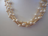 Lovely Avon Multi Strand Necklace  Gold Bugle & Faux Pearl Beads