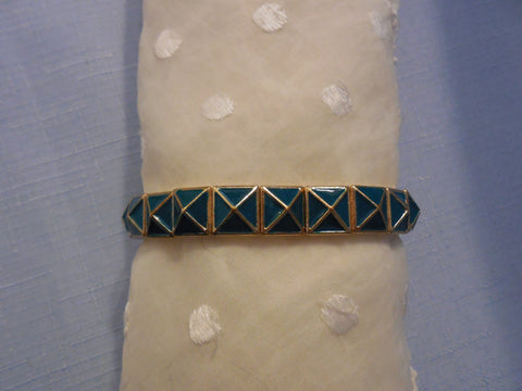 Gold Tone & Teal Green Enamel Link Vintage Stretch Bracelet