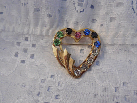 Magnificent Vintage Catamore Brooch  12 KGF Heart with Rhinestones