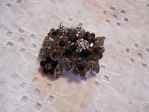 Truly Magnificent Vintage Floral Brooch Pin Black & Gray Rhinestones