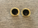 Awesome Vintage Pierced Earrings Gold Tone Chain Look Frame Black Enamel Center