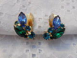 Truly Just Marvelous Vintage Weiss Clip On Earrings Blue & Green Rhinestones