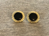 Awesome Vintage Pierced Earrings Gold Tone Chain Look Frame Black Enamel Center