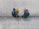 Truly Just Marvelous Vintage Weiss Clip On Earrings Blue & Green Rhinestones