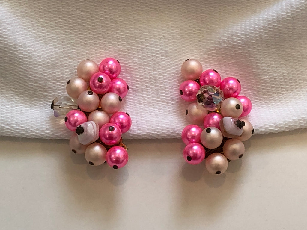 So Fantastic Signed Japan Vintage Pink Bead Cluster Clip On Earrings