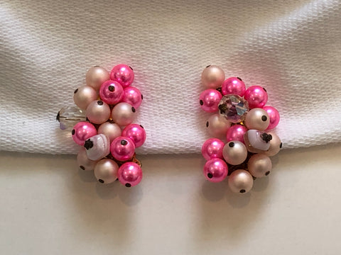So Fantastic Signed Japan Vintage Pink Bead Cluster Clip On Earrings