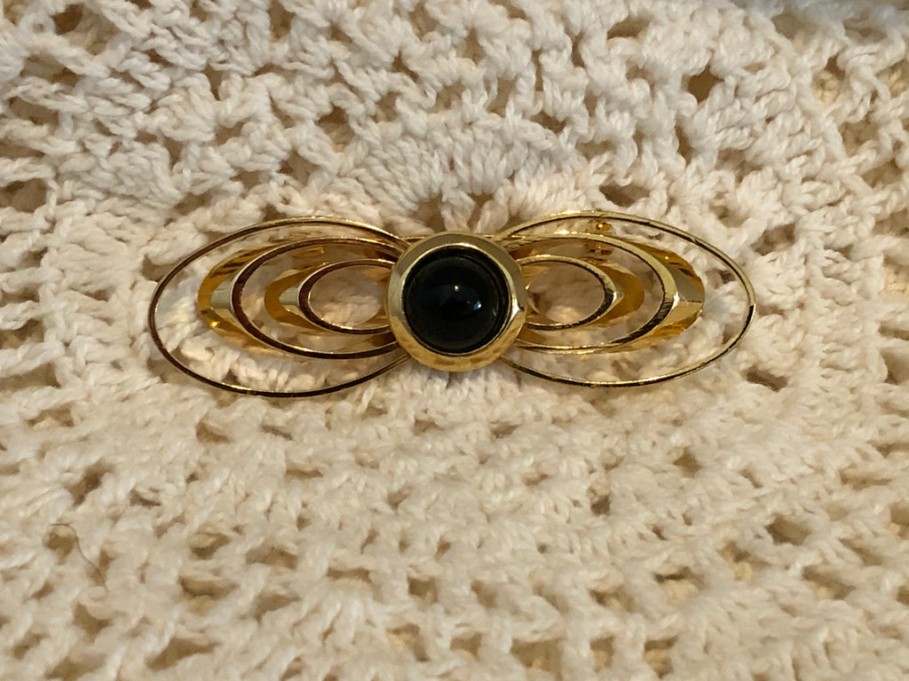 Really Interesting Vintage Brooch Shiny Gold Tone Metal w Black Cabochon