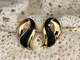 AVON FABullous Vintage Clip On Earrings "Sleek Swirl" Gold Tone & Black Enamel 1989