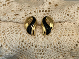 AVON FABullous Vintage Clip On Earrings "Sleek Swirl" Gold Tone & Black Enamel 1989