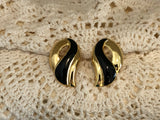 AVON FABullous Vintage Clip On Earrings "Sleek Swirl" Gold Tone & Black Enamel 1989