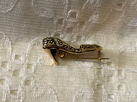 Magnificent Vintage Brooch Pin A Lovely Damascene High Heel Shoe