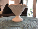 Beautiful Vintage Diamond Point Hobnail Milk Glass Candy Dish / Vase / Bowl w Scallop Edge