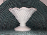 Beautiful Vintage Diamond Point Hobnail Milk Glass Candy Dish / Vase / Bowl w Scallop Edge