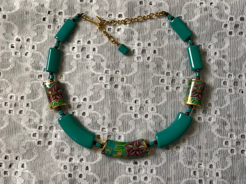 Beautiful Vintage Collar Necklace / Choker Signed Japan Memory Wire Floral Beads