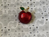 Beautiful Vintage Brooch Pin Guilloche Enamel Apple w Sparkly Rhinestones