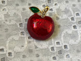 Beautiful Vintage Brooch Pin Guilloche Enamel Apple w Sparkly Rhinestones