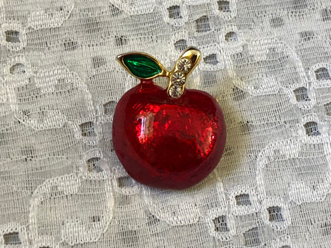 Beautiful Vintage Brooch Pin Guilloche Enamel Apple w Sparkly Rhinestones