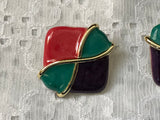 Super Retro Cool Enamel Vintage Pierced Earrings Purple, Pink & Green