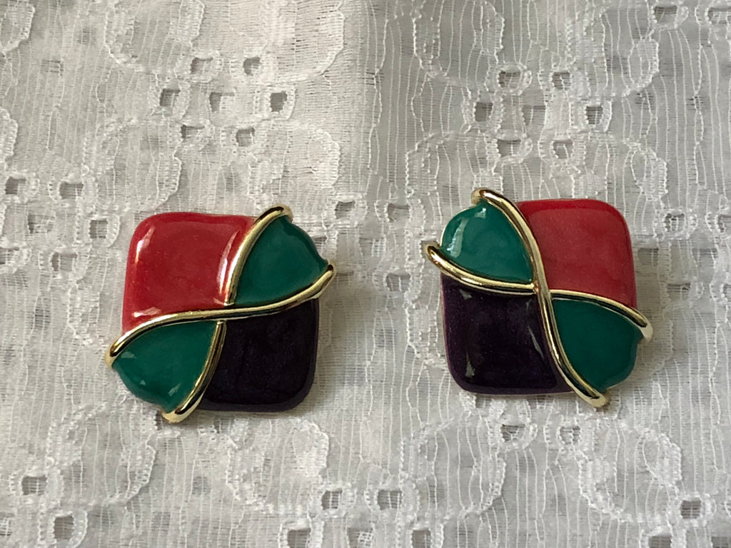 Super Retro Cool Enamel Vintage Pierced Earrings Purple, Pink & Green